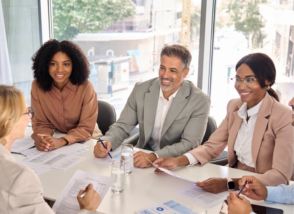 team happily discussing on project